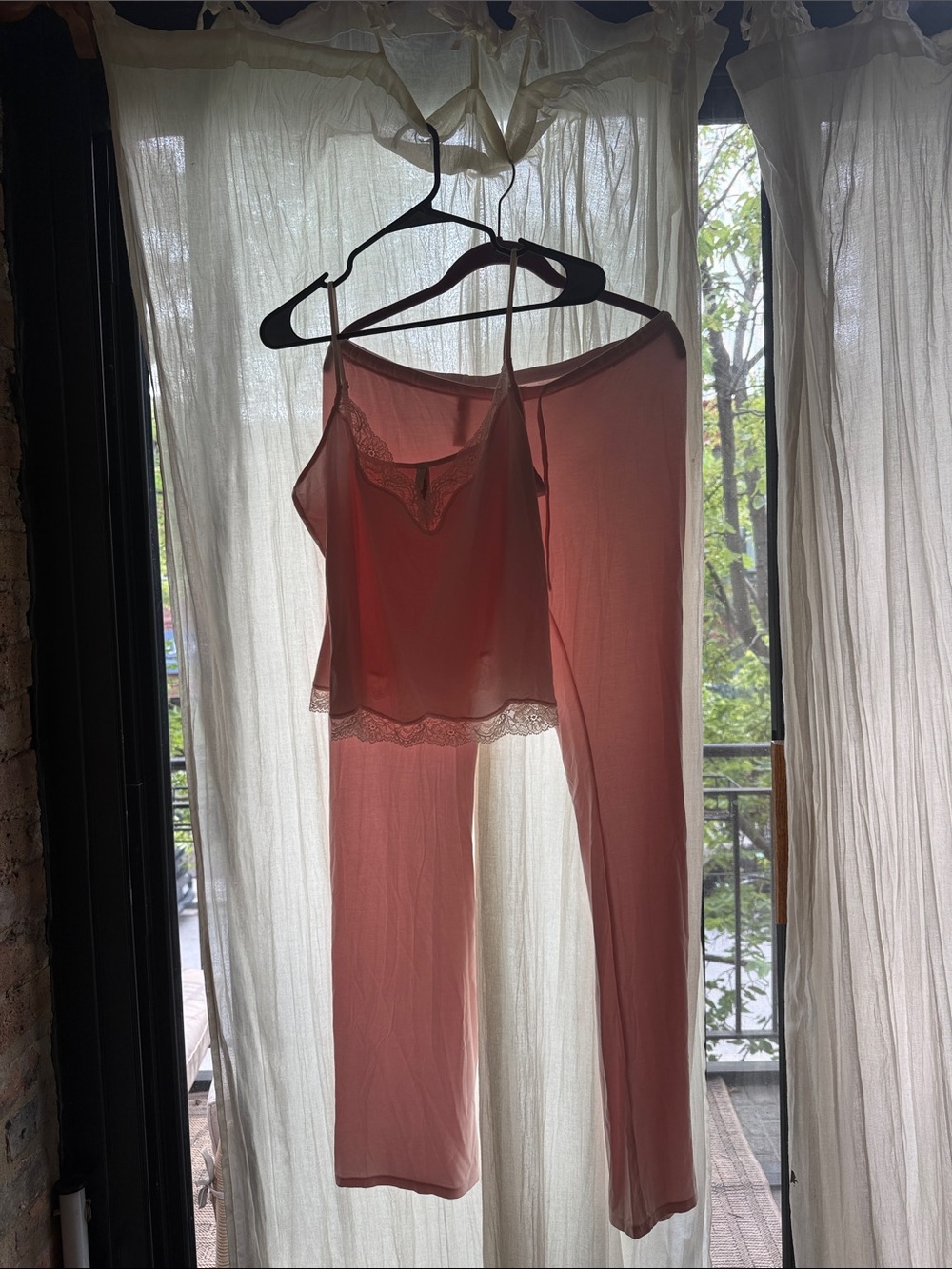 SKIMS Pink Lace Trim Cami and Pants Lounge Set